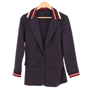 Womens Blazer Jacket Small Navy Blue Striped Trim Notch Lapel Single Breasted thumbnail 2