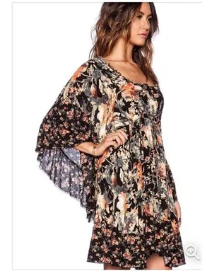 Free People Mini Dress Sz XS Heart Of Gold Dark Floral Boho Bell Sleeve Fairy thumbnail 5
