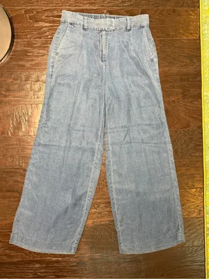 American Eagle Size 0 Wide Leg Chambray Trousers High Rise Blue thumbnail 2