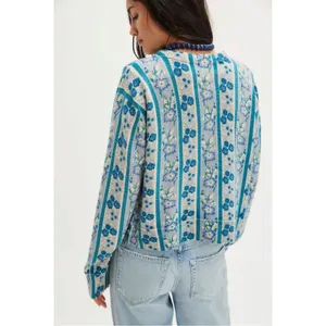 Free People Nocturnal Cashmere Cardi Cardigan Sweater Cottage Blue Floral Large thumbnail 3