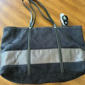 Coach Black Gunmetal Signature Stripe Tote 11098 Handbag Purse thumbnail 10