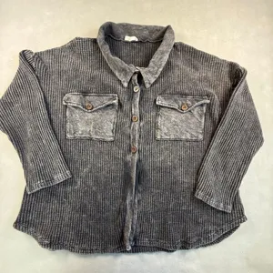 Bucketlist Womens Acid Wash Waffle Knit Shacket Button Down Shirt Gray Thermal thumbnail 1