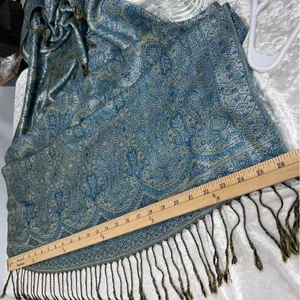 Pashmina Silk blend fringe Elegant Blue and Gold Paisley Scarf wrap shawl 70’ thumbnail 10