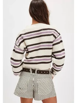 Free People Lila Stripe Cardi Cardigan Sweater in Lavender Ivory Combo Large thumbnail 3