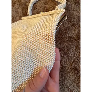 Vintage 1950s Lumured Corde Bead White Handbag Kiss Lock Beaded Evening Purse thumbnail 3