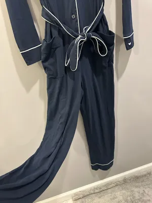 Petite Plume 100% Pima Cotton Polo Pajama Jumpsuit Navy thumbnail 3