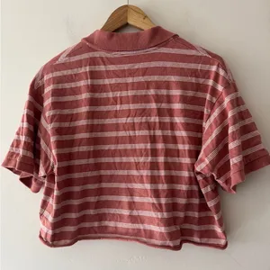 American Eagle Salmon‎ Pink and White Striped Cropped Polo Shirt thumbnail 8