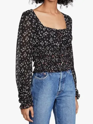 Free People Lolita Long Sleeve Floral Blooms Blouse Black‎ S thumbnail 2