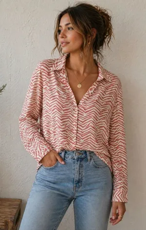 Alfani Coral and White Zigzag Button Down Shirt thumbnail 1