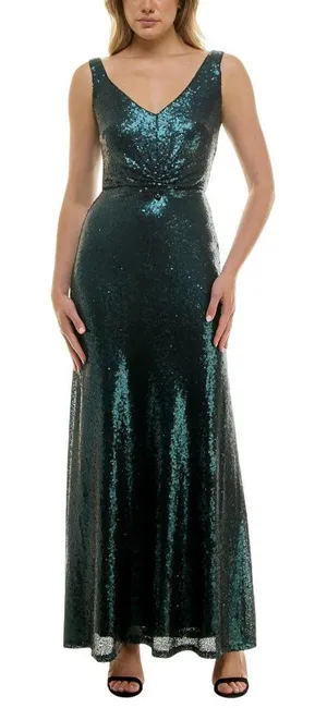 NWT Taylor Stretch Mesh Sequin Cinched Waist Gown Dress Bottle Green 2 thumbnail 1