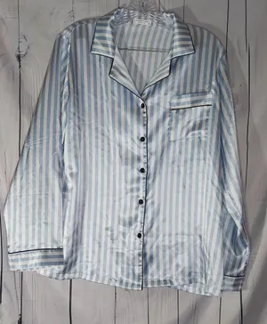 Ekouaer Striped Blue & White Satin Preppy Button-Up Pajama Set thumbnail 1