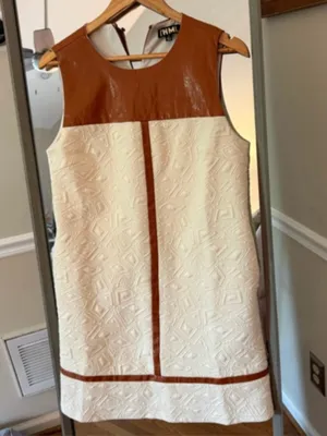 Women's THML White & Brown Sleeveless Dress S MIXED MEDIA TEXTURED MIDI-CREAM thumbnail 2