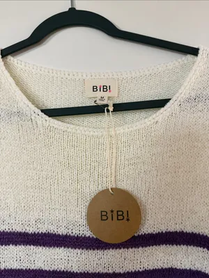 BiBi Cream Crewneck Sweater with Purple, Gold and Green Stripes thumbnail 2
