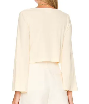 Callahan New Open Front Ring Bell Sleeve Ribbed Vera Top Creme thumbnail 3