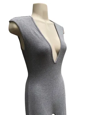 SheIn Gray Ribbed Knit Plunge Sleeveless Jumpsuit S Stretchy Bodycon Catsuit thumbnail 7