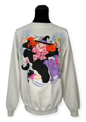 VINTAGE Dead Stock XL Handpainted by I'm Yours Halloween Witch Sweatshirt thumbnail 1