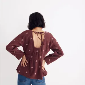 Madewell Embroidered Lightspun Peplum Gauze Open-Back Top in Vintage mulberry thumbnail 3