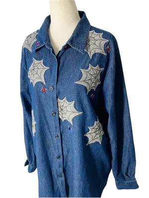 VINTAGE KAREN SCOTT Embroidered Spiderweb Denim Shirt thumbnail 6