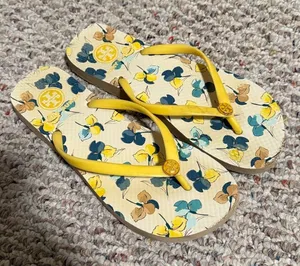 Tory Burch Floral Flip Flops Yellow Floral Slim Strap- Size 8 thumbnail 1