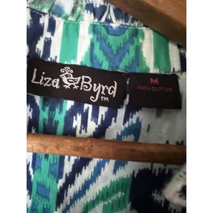 Liza Byrd Womens M Turquoise Navy Blue Print Long Sleeve boho tunic top Ikat thumbnail 3
