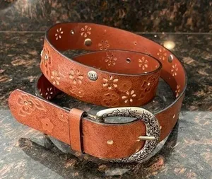 Laser cut floral leather belt brown thumbnail 1