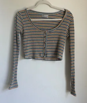 Urban Outfitters Striped Button Down Ribbed Long-Sleeve Crop Top thumbnail 1