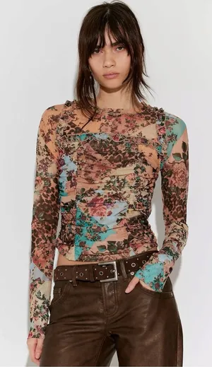 Free People Dainty Retro 90s Ariana Long Sleeve Ruched Top Taupe Combo Medium thumbnail 1