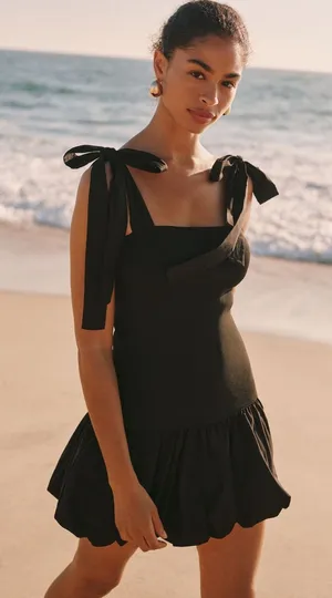 NWT Anthropologie Black Cotton Tie Strap Bubble Hem Drop Waist Mini Dress Size M thumbnail 1