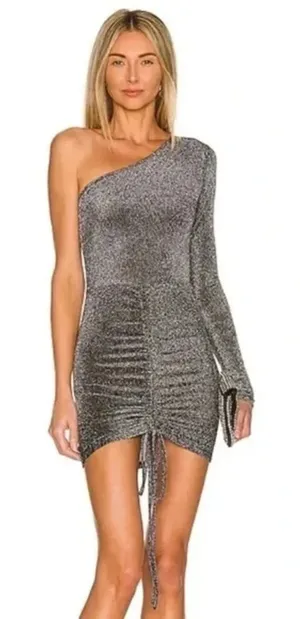Superdown Sparkle Black/Silver One Shoulder Ruched Mini Dress Women’s Size Small thumbnail 1