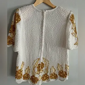 Vintage Silk Beaded Sequin Floral Top White Gold 80s Glam Party Blouse thumbnail 3