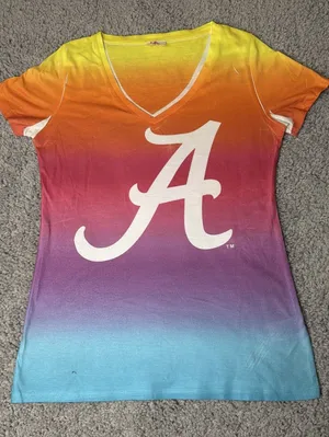 Alabama Crimson Tide Women's Large Rainbow Ombre Tie Dye V-Neck T-Shirt thumbnail 1