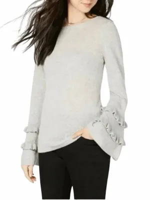CHARTER CLUB Pure Cashmere Double-Ruffle Sweater Gray Large Minimalist Luxury thumbnail 1
