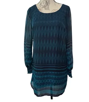 Love Fire Womens Small Dress Teal Navy Blue Sheer Overlay Long Sleeve Tunic thumbnail 3
