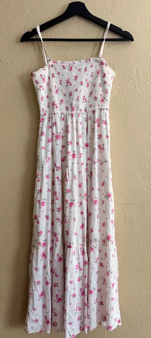 Hollister White Maxi Dress with Pink Floral Print thumbnail 1
