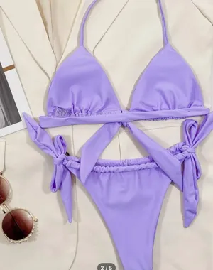 Knot Halter Tie Side Bikini Set Purple thumbnail 3