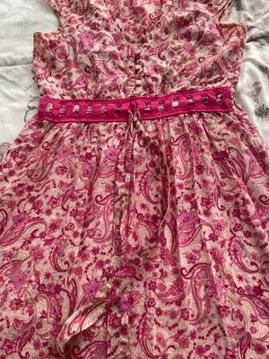 Floral Pink Beige Barbiecore High Waist Cotton Dress, size M thumbnail 7