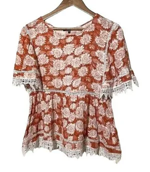 Love Culture Blouse Orange White Floral Laced Trim Size Large thumbnail 1