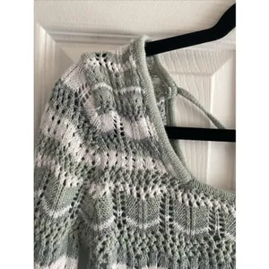 Aqua‎ Blues Pointelle Knit Striped Crop Sweater Womens Size M Sage Green Cotton thumbnail 2