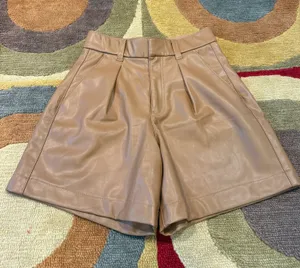 Abercrombie & Fitch Vegan Leather High Waisted Pleated Trouser Shorts Caramel S thumbnail 1