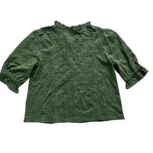 Unbranded 56R Olive‎ Green Eyelet Lace Ruffle Neck Puff Sleeve Cotton Blouse L thumbnail 3