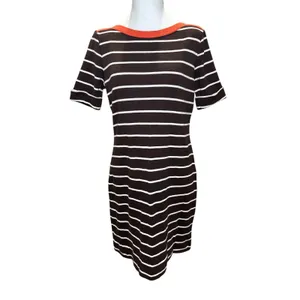 LAUREN Ralph Lauren Striped 100% Cotton Dress Large Brown White Orange‎ Trim thumbnail 2