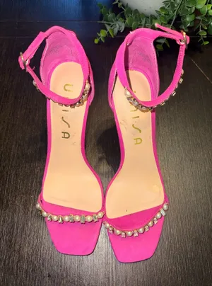 Unisa Hot Pink Rhinestone Pearl Heels Strappy Square Toe Sandals thumbnail 1