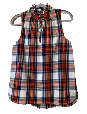 NWT‎ J Crew Plaid Ruffle Mock Neck Tank Top Blouse Size 0 Red Holiday Tartan thumbnail 1