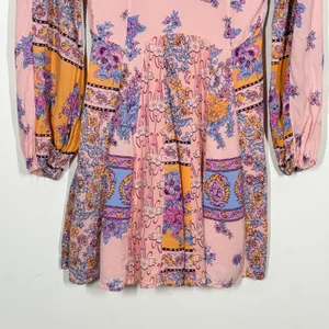 Free People Mixin' It Up Mini Dress XS Pink Orange Paisley V-Neck Boho Hippie thumbnail 8