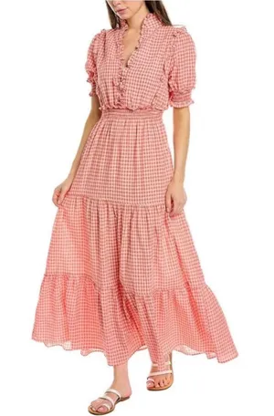 Max Studio Smocked Red Gingham Maxi Dress with Ruffle Trim thumbnail 1