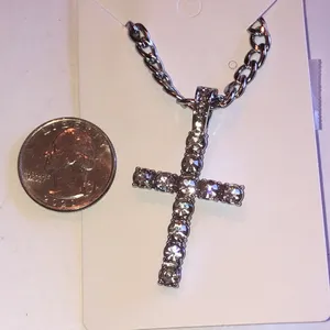 Elegant Silver Tone Rhinestone Cross Pendant Necklace thumbnail 2