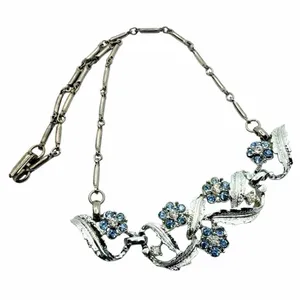 Vintage Blue Rhinestone Floral Leaf Statement Necklace Silver thumbnail 1