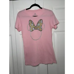 Disney Parks Minnie Mouse Graphic T Shirt Womens Size M Pink Glitter Bow Cotton thumbnail 2