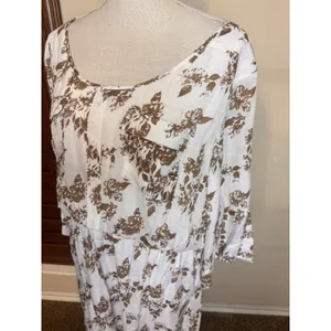 J. Gee Womens 2X Floral Midi Dress White Brown Elastic Waist Lined Cottagecore thumbnail 3