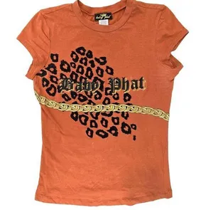 Baby phat 90s y2k Orange Graphic Tee Shirt With Leopard Print & Chain Detail L thumbnail 1